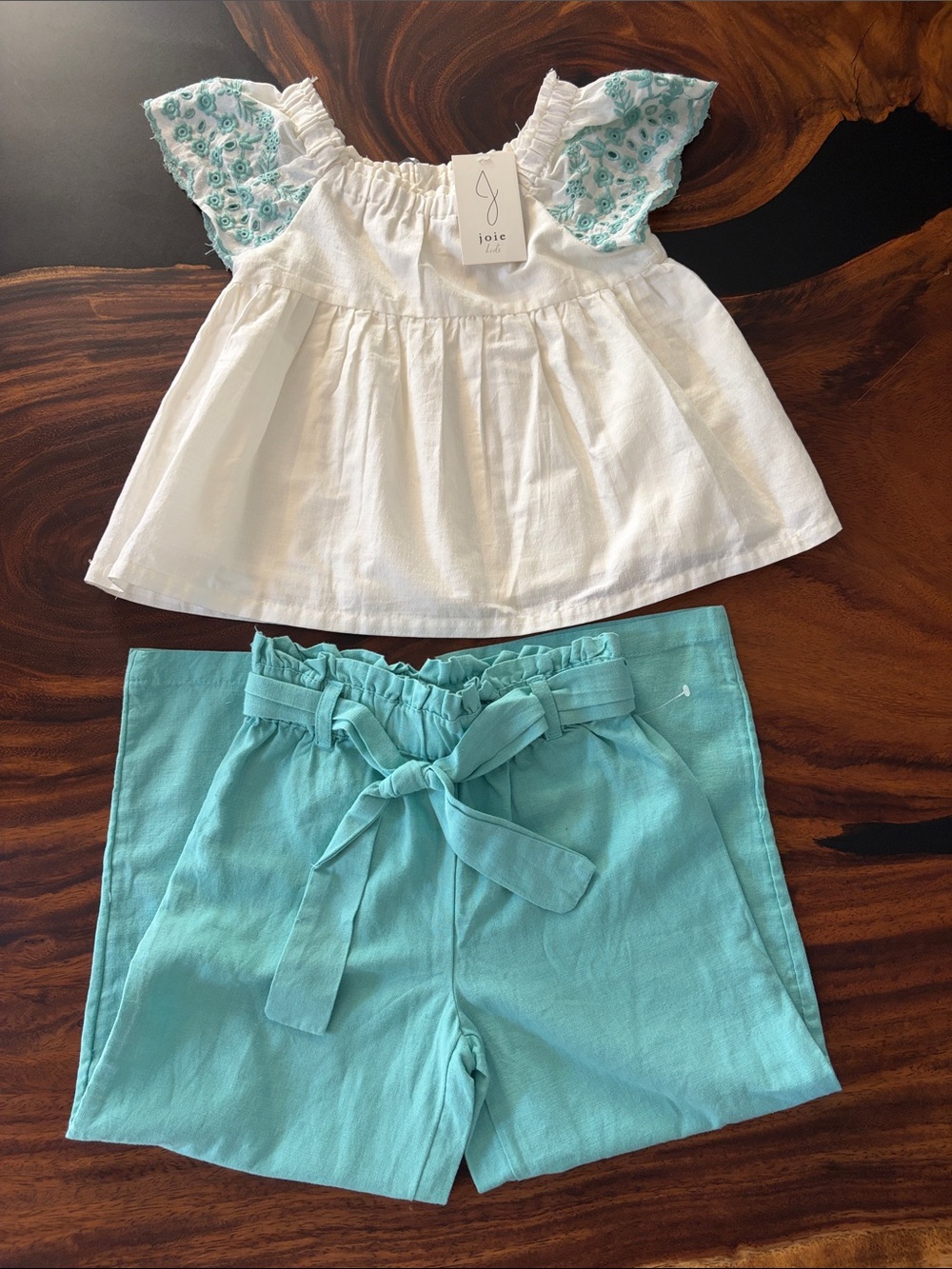 Joie White Top with Aqua Embroidered Sleeves and Aqua pants  Kids Matching Set
